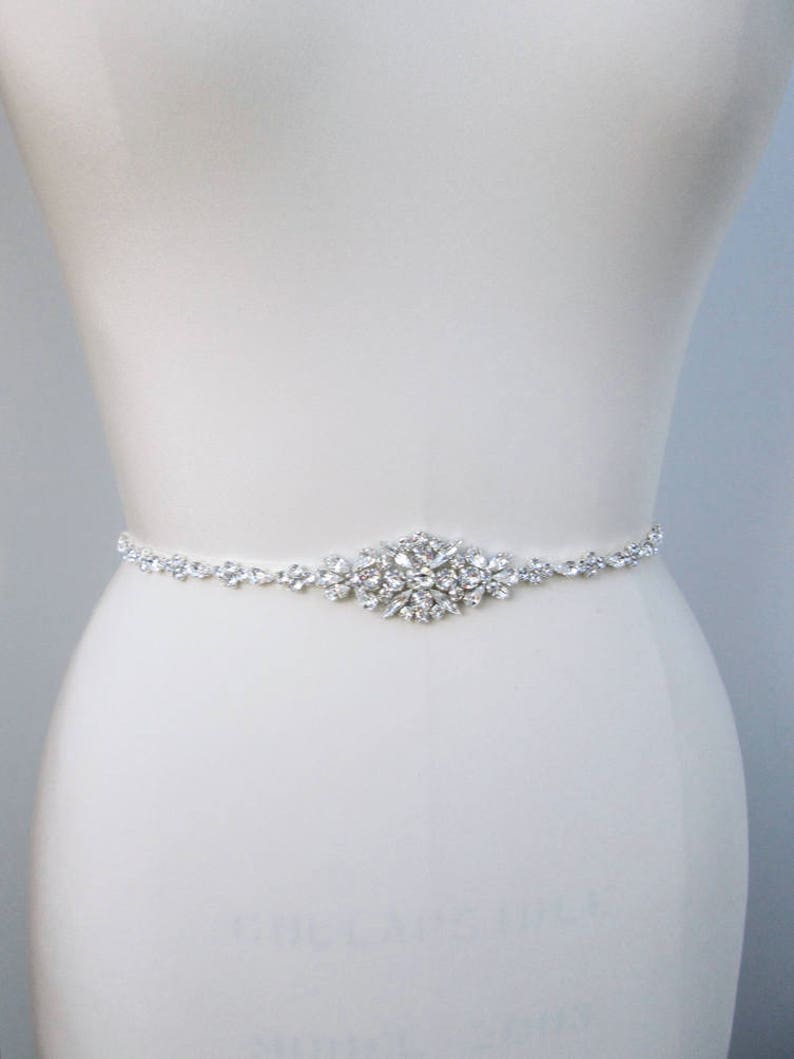 Bridal belt Swarovski crystal skinny bridal belt sash Silver | Etsy