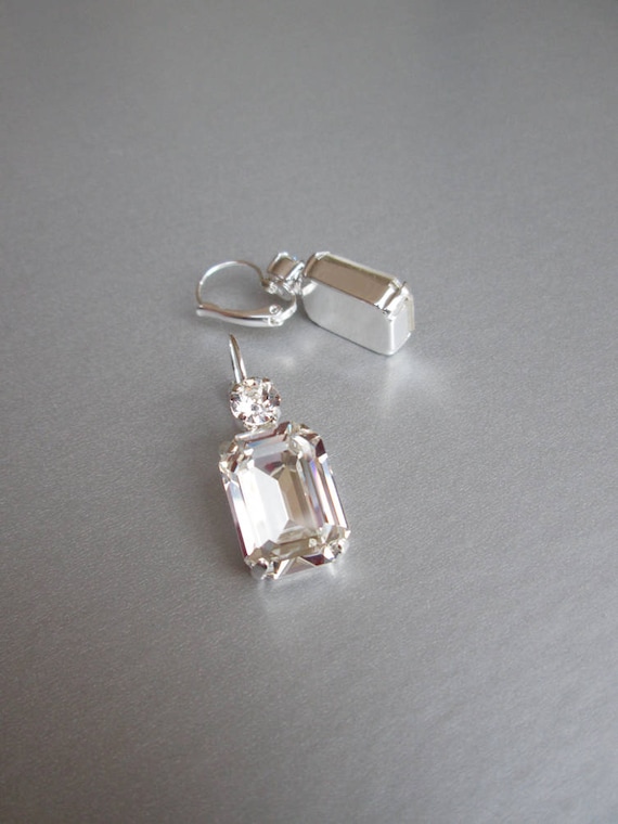 Crystal bridal earrings, Emerald cut bridal earrings, Rhinestone earrings in gold, rose gold, silver, Wedding drop earrings