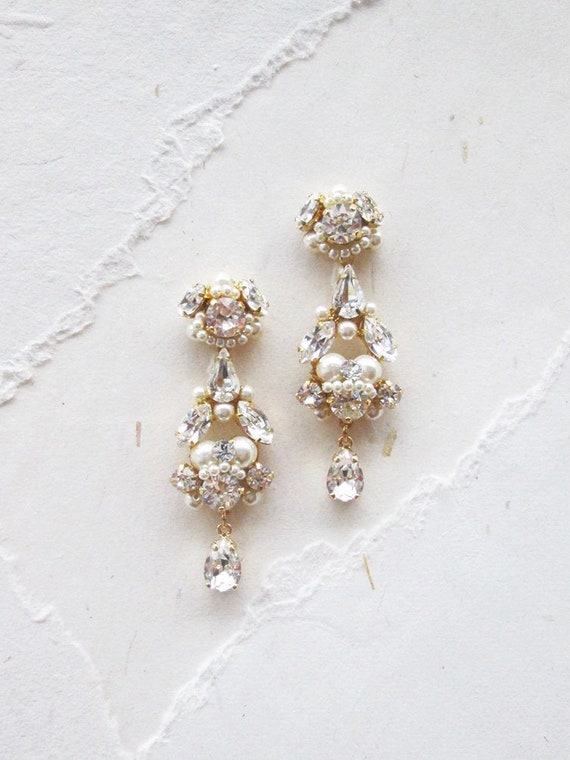 Bridal crystal and pearl earrings, Premium European Crystal earrings, Vintage style chandelier earrings gold, silver, Drop earrings Dangling