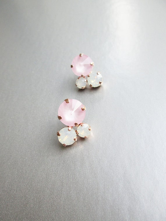 Crystal bridal earrings, Opal and pastel pink crystal studs, Stud rhinestone wedding earrings in gold, silver, rose gold