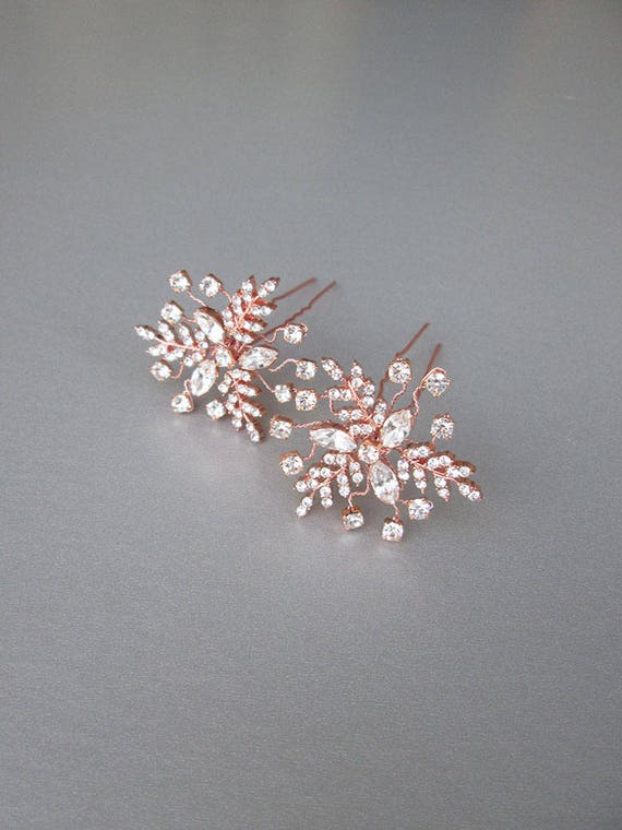 Rose gold crystal hair pins, Bridal crystal hair pins, hair pins, Sparkly leaf hair pins, Bridal pins in gold, silver, rose gold