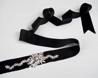 Crystal Bridal Sash Belt: Black Satin Wedding Dress Belt