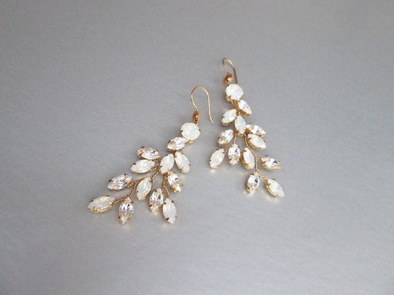 Opal Bridal crystal earrings, Opal earrings, Leaf branch earrings, Wedding crystal gold earrings,Rhinestone bridal silver earrings