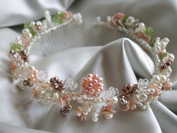 Bridal pearl headband, Pearl and crystal headband - wreath, Wreath headband with cultured freshwater pearl and gemstones, Pink bridal wreath