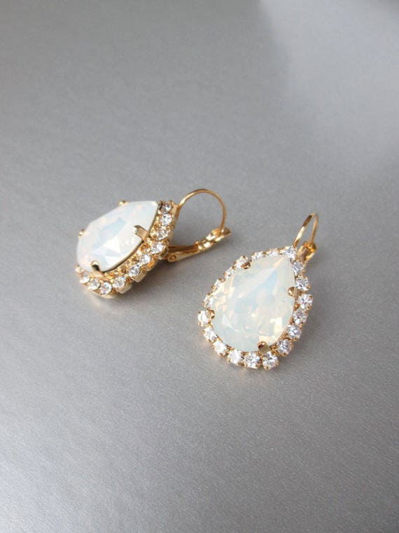 Bridal opal earrings, crystal white opal bridal earrings, Drop earrings, White opal earrings in gold, silver, rose gold, Wedding