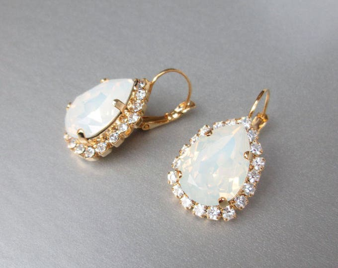 Bridal opal earrings, crystal white opal bridal earrings, Drop earrings, White opal earrings in gold, silver, rose gold, Wedding