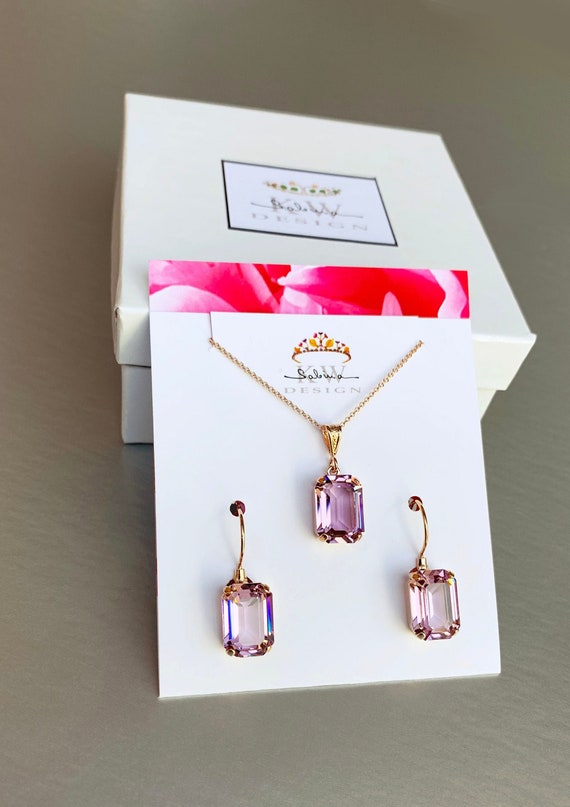 Amethyst jewelry set, Bridal crystal earrings necklace set, Transparent crystal pale purple pink jewelry bridal , bridesmaids, girls