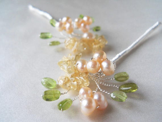 Bridal hair pins, Floral bridal hair pin, Wedding hair pins, Gemstone hair pins, Silver or gold pearl hair pins