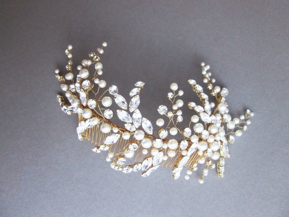 Crystal hair vine comb, Bridal comb, Wedding hair vine branch, Crystal and pearl hair comb, Bridal comb in gold, silver