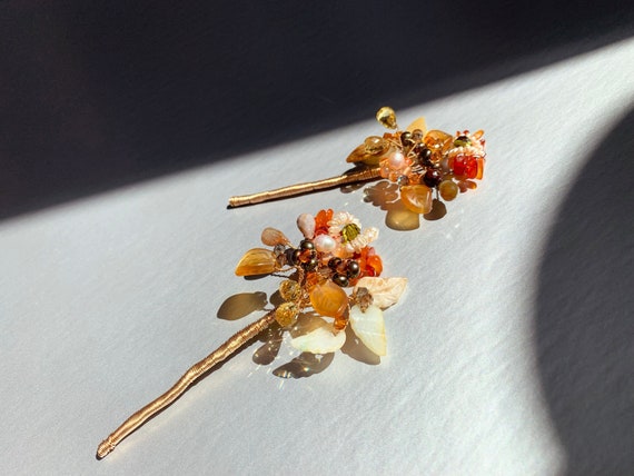 Autumn jewelry hair pins, Bridal hair pin, Gemstone, pearl and crystal hair pins, Special Occasion, Mother of the bride, Fall hair jewelry