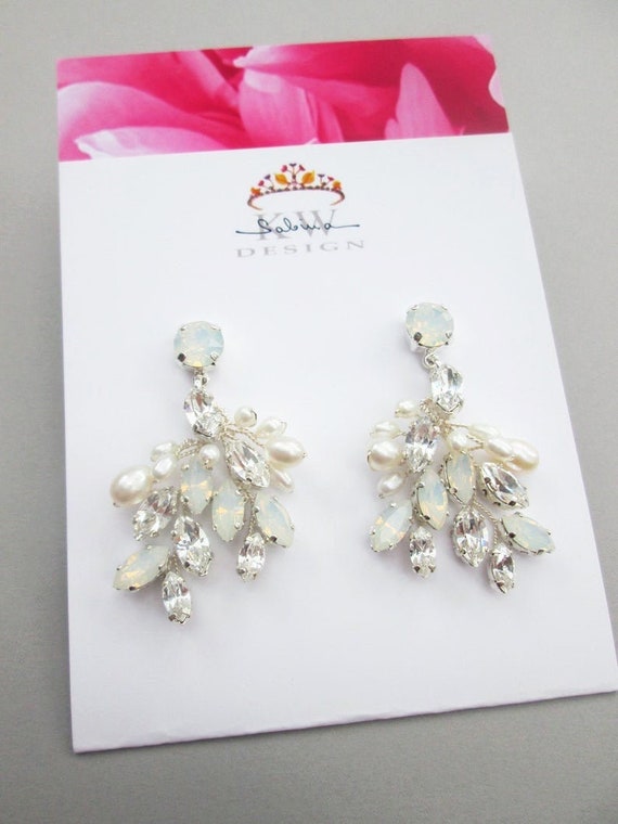 Opal and cultured freshwater pearl dangling earrings, Premium European Crystal bridal earrings, Leaf vine drop earrings