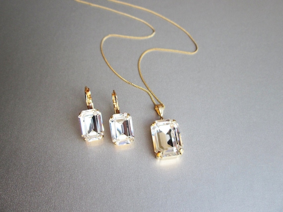 Emerald cut Premium Quality European Crystal jewelry set, Octagon Bridal crystal earrings necklace set, Bridesmaids jewelry set
