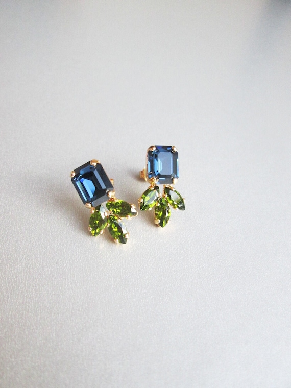 Blue studs, Montana blue sapphire crystal studs, Peridot green earrings, Dainty stud earrings in gold silver rose, Wedding party bridesmaids