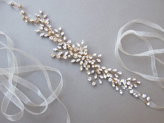 Crystal headband hair vine in gold or silver, Bridal crystal headband hair vine with organza, Wedding rhinestone belt or headband