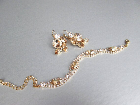 Crystal bridal bracelet and earrings set, Wedding jewelry set, Champagne crystal bridal matching jewelry in gold, silver