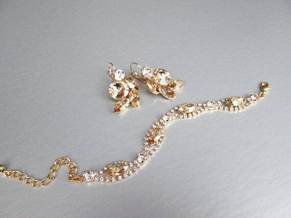 Crystal bridal bracelet and earrings set, Wedding jewelry set, Champagne crystal bridal matching jewelry in gold, silver