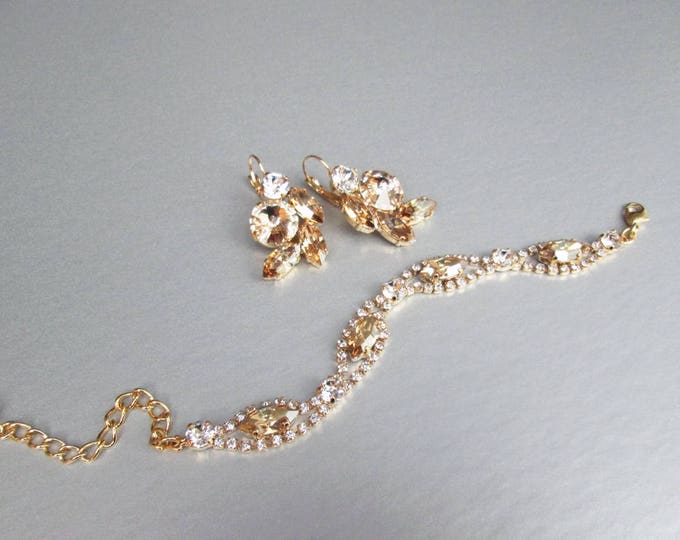 Crystal bridal bracelet and earrings set, Wedding jewelry set, Champagne crystal bridal matching jewelry in gold, silver