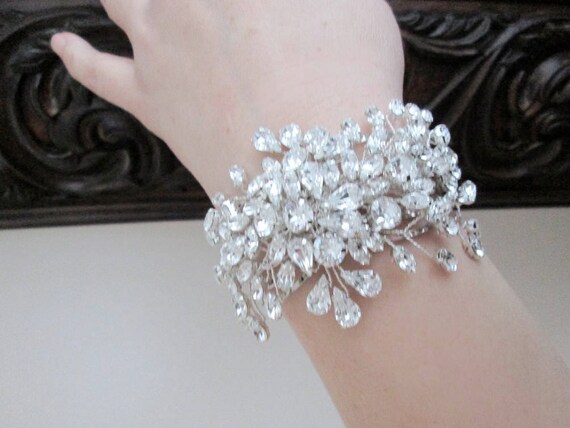 Crystal bridal bracelet, Cuff bracelet, Wedding crystal rhinestone bracelet in gold or silver