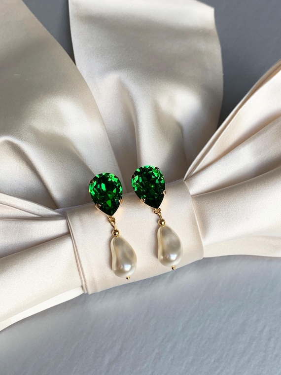 Green earrings with pearls, Moss green bridal earrings, Premium Quality European Crystal bridal earrings, Teardrop dangling drop earrings