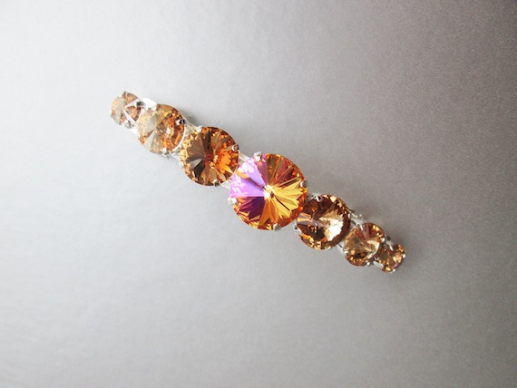 Brandy topaz large barrette, champagne crystal hair clip, Bridal party crystal clip, Rhinestone topaz hair clip long barrette