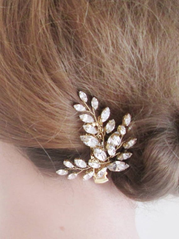 Bridal hair pin clip, crystal hair clip, Wedding crystal pin, Leaf crystal alligator hair clip, Silver or gold rhinestone pin