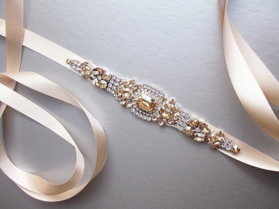 Nude crystal bridal belt, Beige satin belt, Rhinestone Wedding belt, Waist sash, Premium European Crystal belt in nude champagne