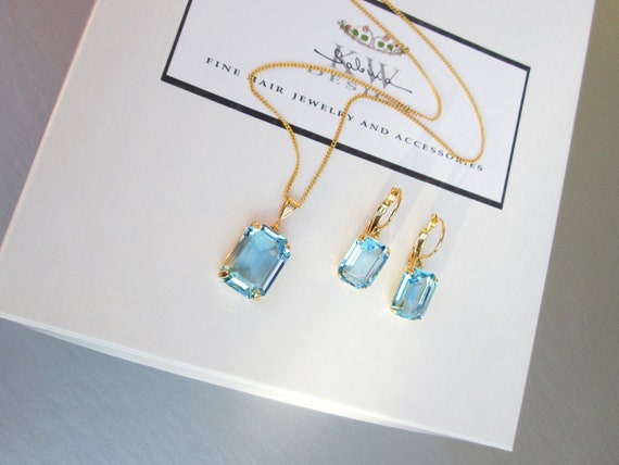 Aquamarine crystal jewelry set, Light blue jewelry earrings necklace set, Bridal Bridesmaids jewelry, Something blue, octagon set