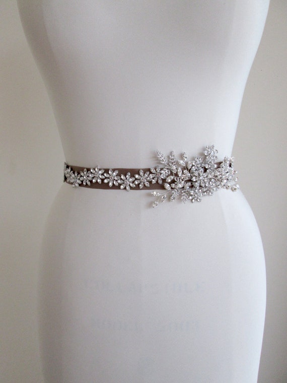 Crystal floral belt, Wedding belt sash, Rhinestone bridal belt, Waist sash grosgrain belt, Bridal crystal belt, Off center belt