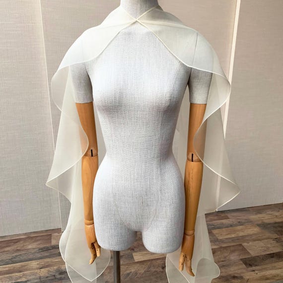 Capelet bridal shawl, Silk organza wedding scarf cape, Sheer wrap special occasion, Bridal Shawl flutter shoulder cover stay put with button