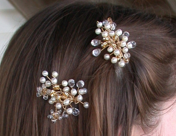 Bridal hair clips,  crystal and pearl hair clips, pins or combs - Pearl and crystal hair clips in gold or silver