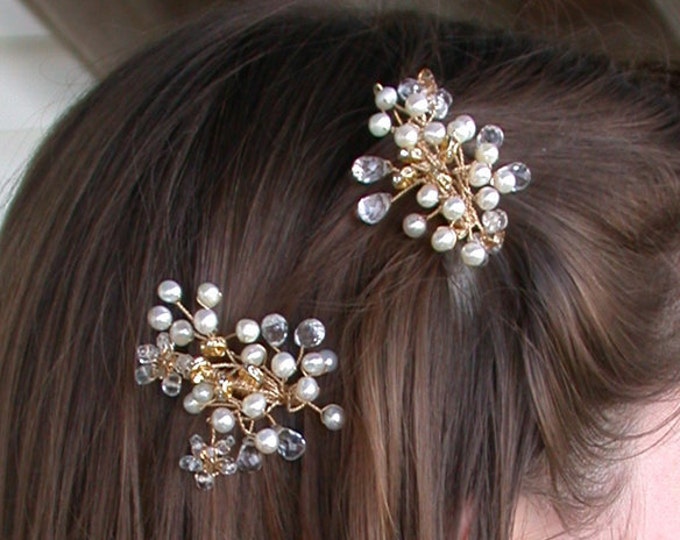 Bridal hair clips,  crystal and pearl hair clips, pins or combs - Pearl and crystal hair clips in gold or silver