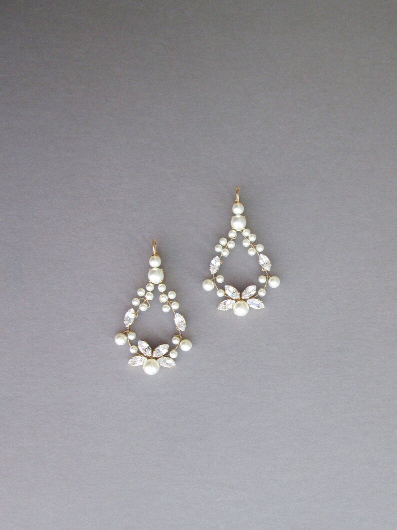 Bridal crystal earrings, Premium European Crystal pearl bridal earrings, Bridal rhinestone earrings in gold, silver, rose gold image 5