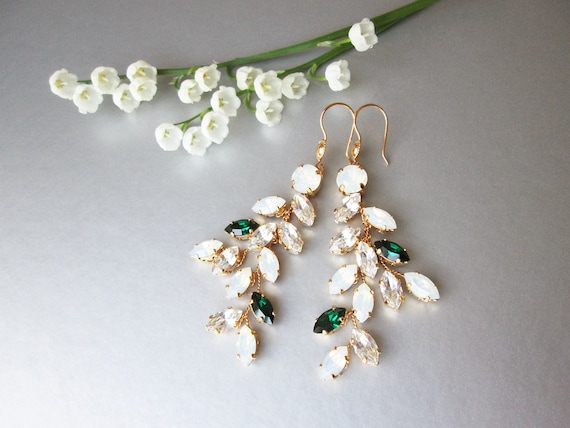 Emeralds and Opals Bridal crystal earrings, Opal earrings, Leaf branch earrings, Wedding crystal gold earrings, green emeralds