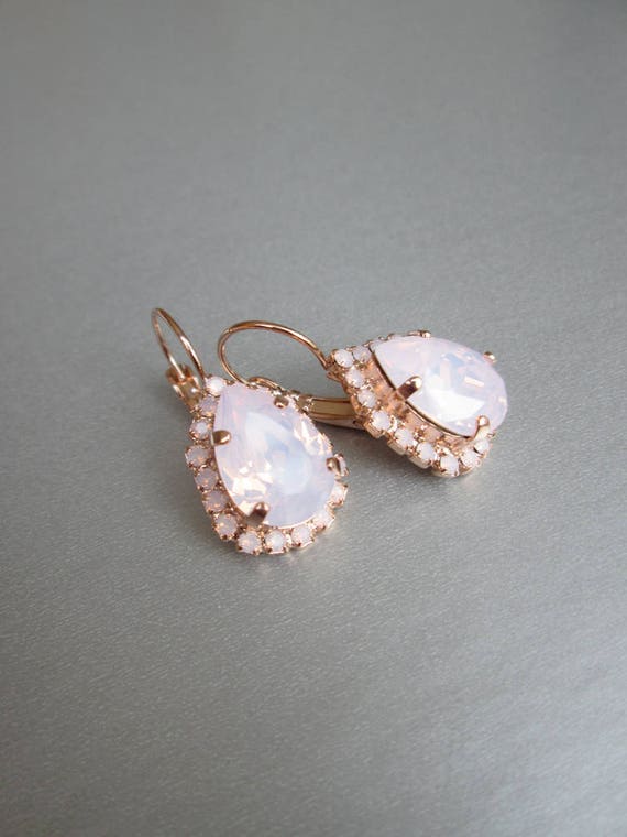 Rose gold bridal earrings, crystal pink opal bridal earrings, Drop earrings, Rose water opal earrings in gold, silver, rose gold