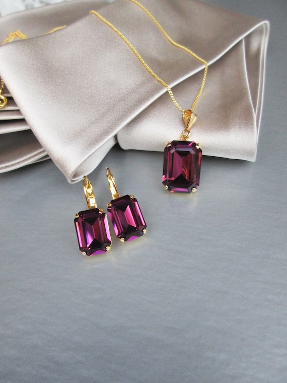 Amethyst crystal jewelry set, Bridal crystal earrings necklace set, Purple plum Bridesmaids jewelry set in gold, silver, rose gold