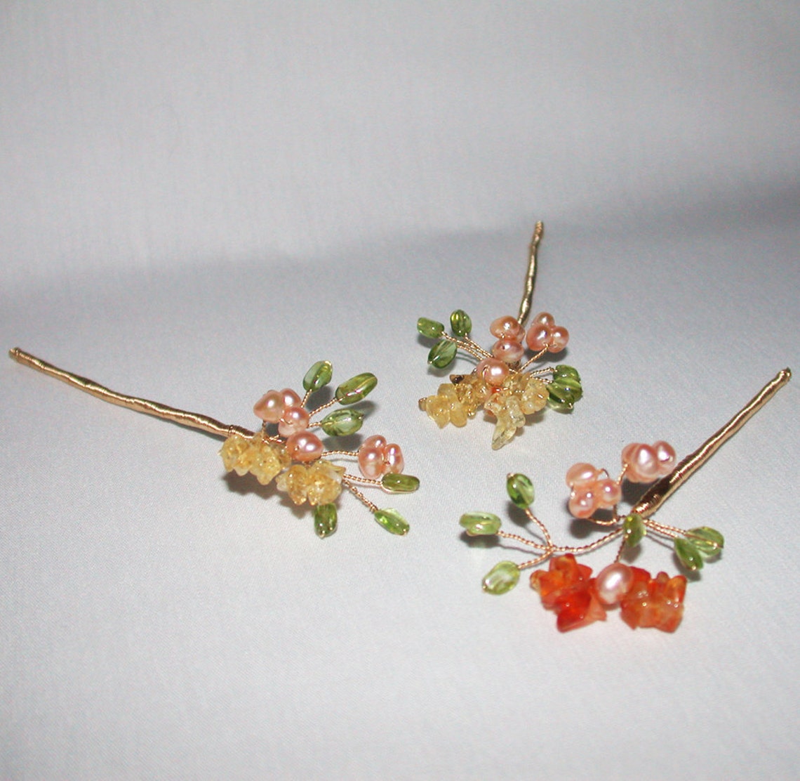 Tiny Blossoming Gemstone Branches Hair Pins Bridal Gold Hair Etsy