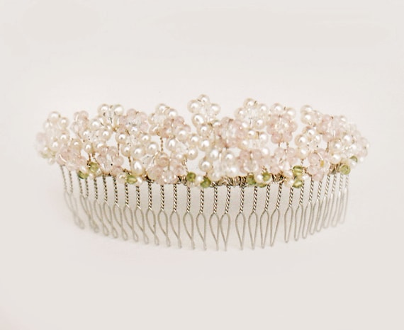 Pearl and rose quartz bridal comb, Bridal hair comb, Wedding comb, Gemstone bridal hair comb, Pink bridal comb