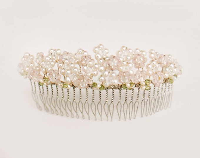Pearl and rose quartz bridal comb, Bridal hair comb, Wedding comb, Gemstone bridal hair comb, Pink bridal comb