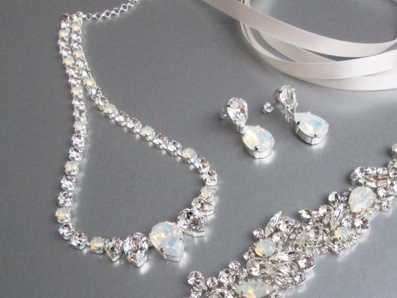 Bridal Crystal White Opal Necklace Set Bridal Jewelry Set