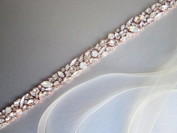 Rose gold Opal bridal belt, Premium European Crystal sash, Beaded rhinestone crystal opal waist sash, Wedding belt in gold silver, rose gold