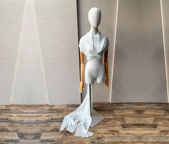 Silk scarf extra long, Soft Silk chiffon long wedding scarf, Delicate Sheer wrap for special occasion, Something blue, bridal bow veil