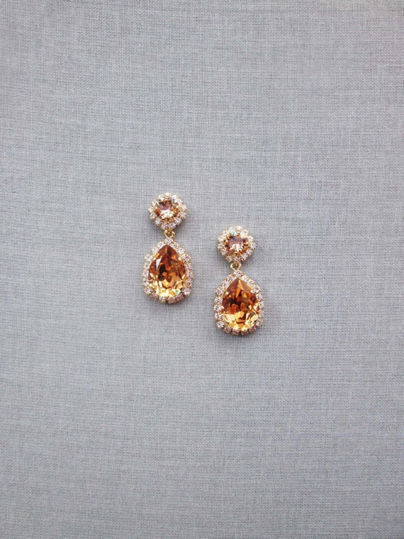 Topaz champagne crystal earrings, Premium European Crystal bridal earrings, Teardrop dangling drop earrings gold, silver, rose gold, MOB