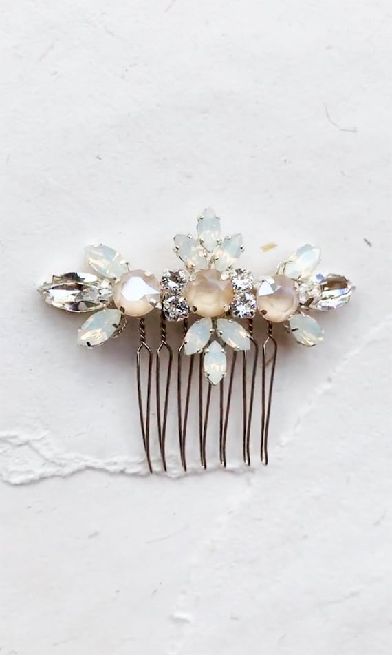 Pastel Champagne Opal hair comb, Bridal crystal comb, Ivory comb, Opal Bridal comb in gold, silver, rose gold, Small hair comb