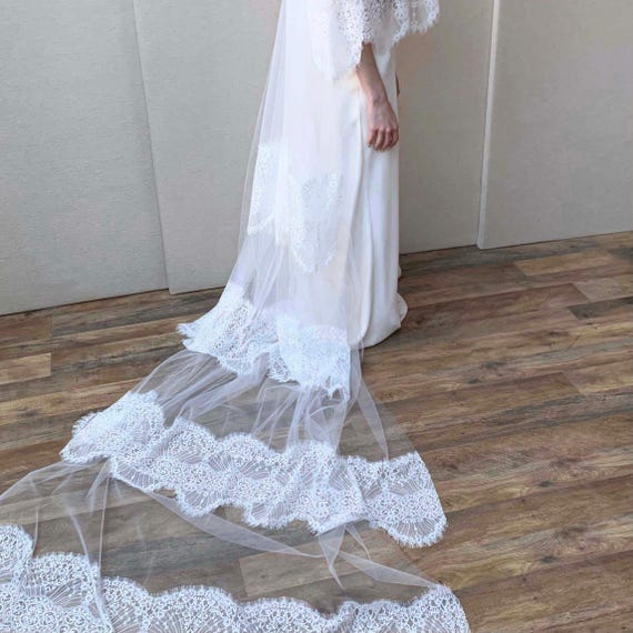 Lace veil, Soft Chantilly lace veil with blusher, Cascading Multi tiered veil