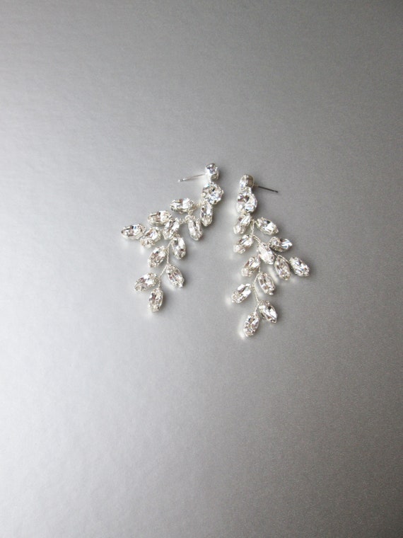 Bridal crystal earrings, Sparkly crystal earrings, Bridal leaf earrings, Wedding crystal earrings with posts, rose gold