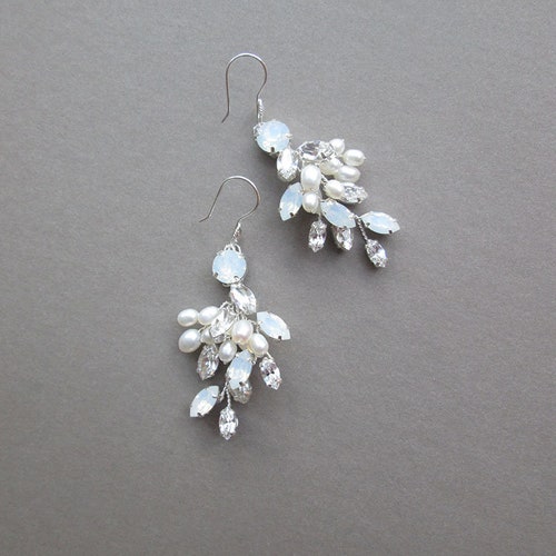 Bridal shops crystal and pearl earrings, Crystal bridal earrings, Leaf vine earrings, Bridal opal drop earrings in gold or silver
