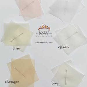 Pu&ograve; includere: Sei campioni di tessuto di tulle in diversi colori: blush, bianco, crema, champagne, avorio e avorio. Ogni campione &egrave; fissato con uno spillo dritto.