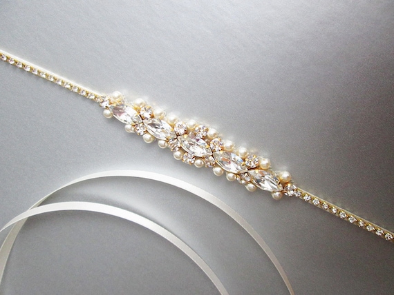 Bridal belt, Bridal belt, Super skinny bridal belt, Dainty crystal sash, Crystal and pearl belt, Thin belt in gold, silver, rose gold