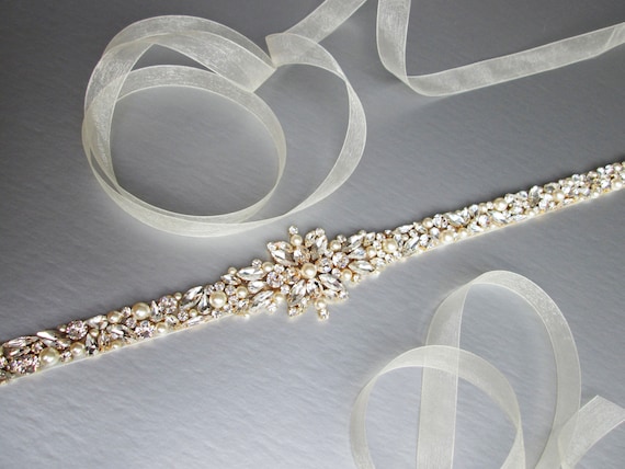 Bridal belt, Crystal and pearl sash, Beaded rhinestone and pearl crystal waist sash, Thin crystal belt in gold, silver, rose gold