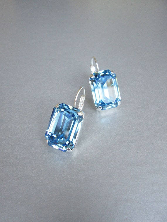 Blue aquamarine crystal bridal earrings, Emerald cut drop earrings, Rhinestone earrings, Wedding earrings gold, silver